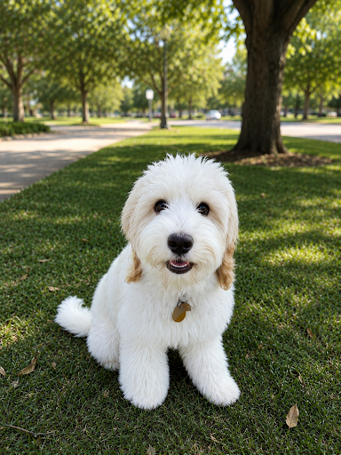 A white dog sitting on green grass, looking attentively at its surroundings.
