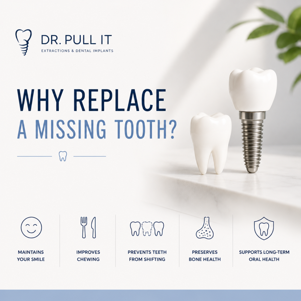 Dental implant replacing a missing tooth at Dr. Pull It in Burlington, WI